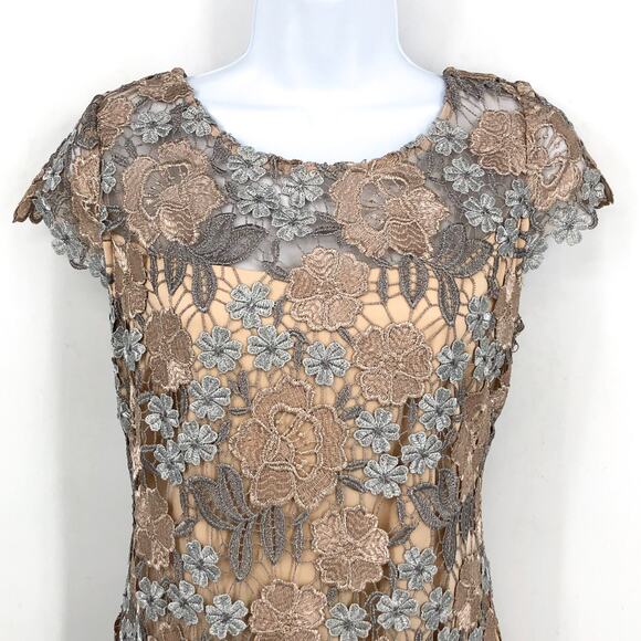 XSCAPE Floral Lace Sheath Dress Size 6 Rose Gold Short Sleeve Boat Neck NWOT - Picture 6 of 11